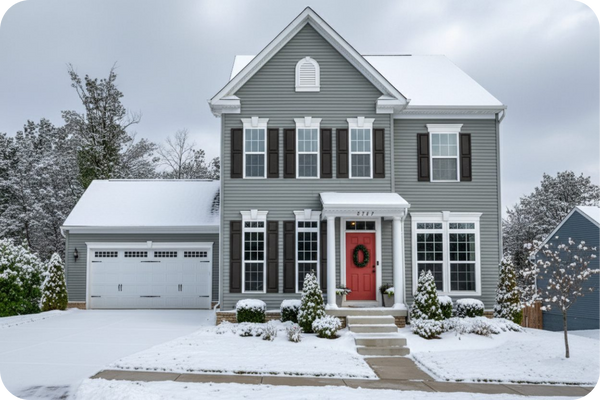 Two story gray home with white trim, red front door, and snow covered landscaping in a suburban Fredericksburg Virginia neighborhood.