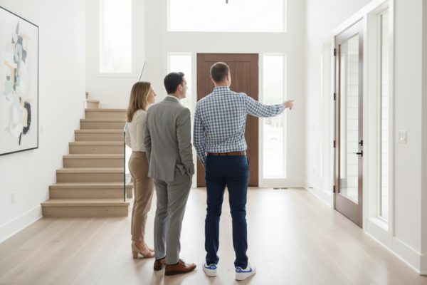 jay parrish showing a couple a home in the foyer
