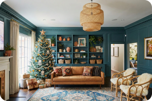 Beautifully decorated living room with Christmas tree and holiday decor in Fredericksburg Virginia home ready for guests